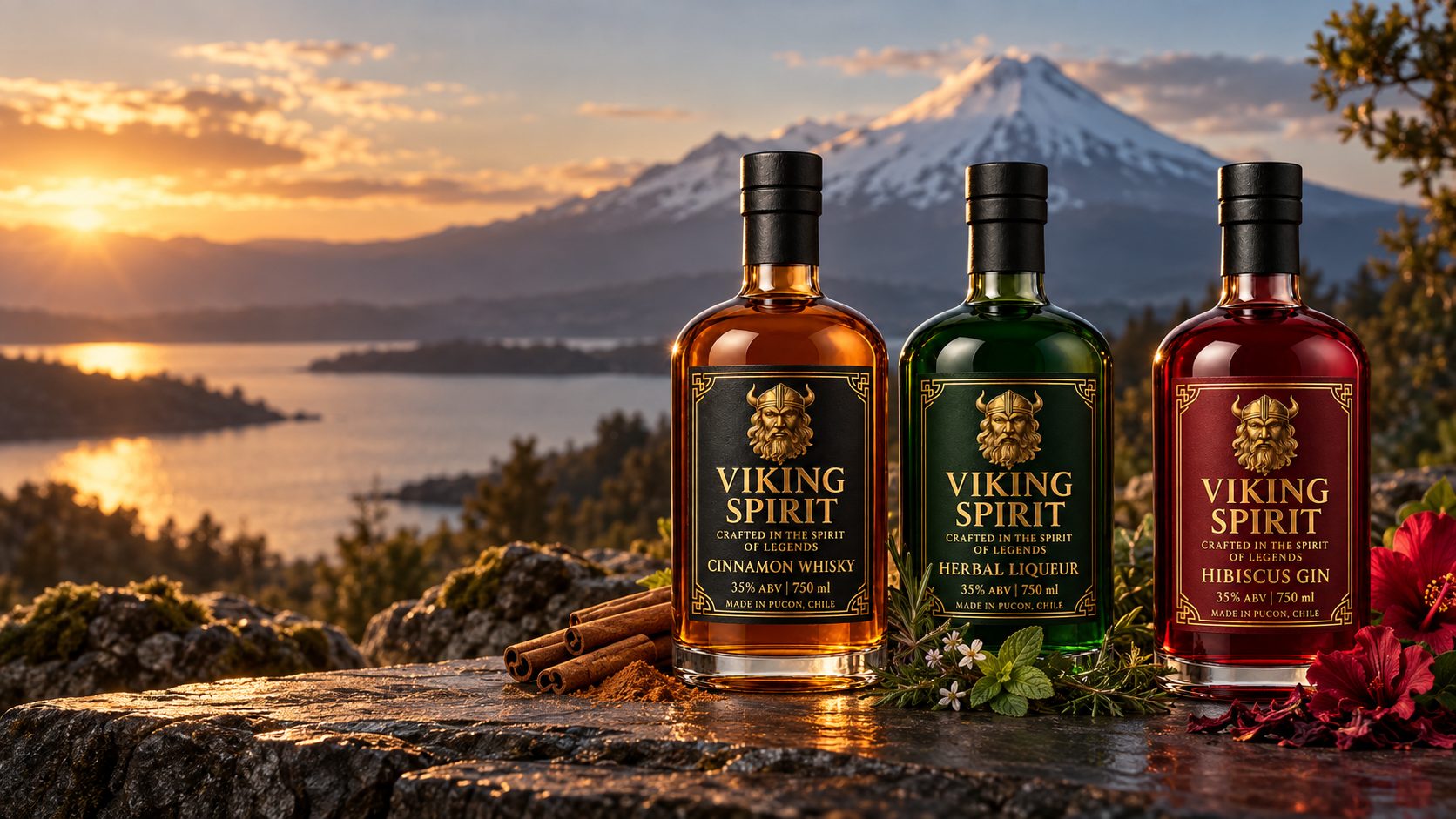Las tres botellas de Viking Spirit — Cinnamon Whisky, Herbal Liqueur e Hibiscus Gin — frente al Volcán Villarrica y el lago de Pucón al atardecer.