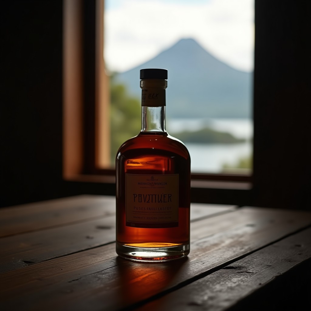 Botella Viking Spirit Cinnamon Whisky, fondo gris neutro.