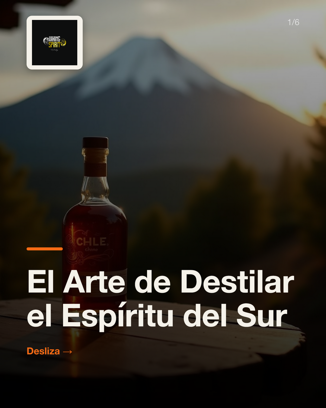 Botella Viking Spirit sobre mesa rústica con Volcán Villarrica al fondo.