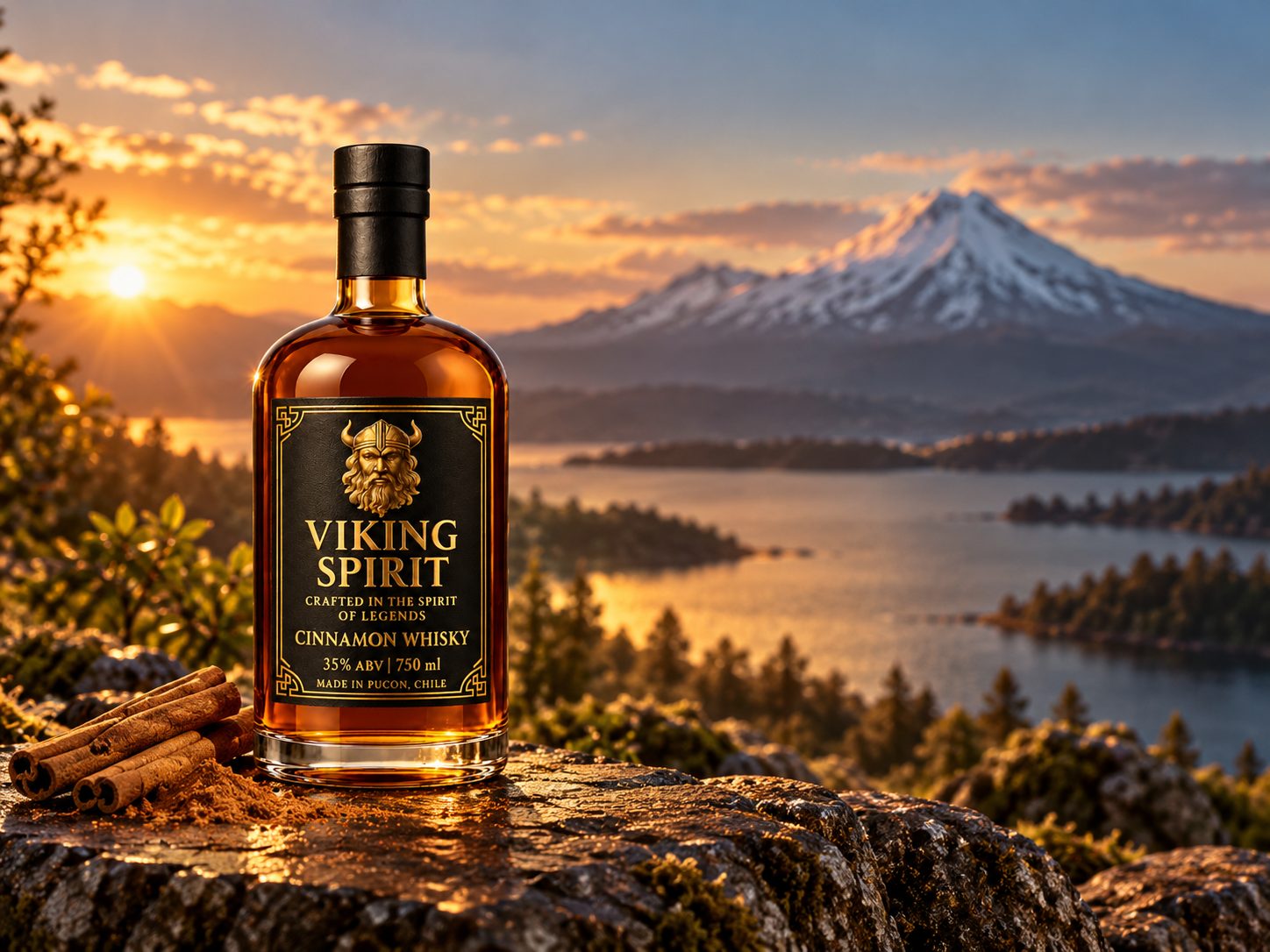 Botella Viking Spirit Cinnamon Whisky con el Volcán Villarrica y lago de Pucón al atardecer.