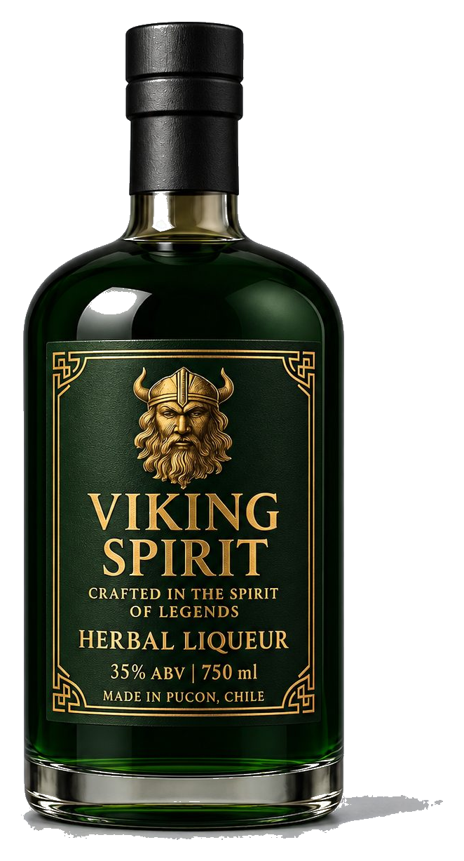 Botella oficial Viking Spirit Herbal Liqueur, etiqueta verde oscuro con foil dorado.