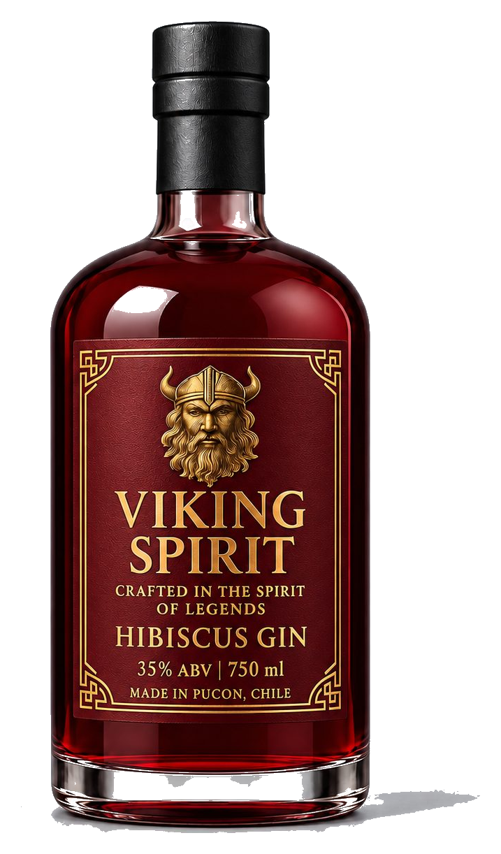 Botella oficial Viking Spirit Hibiscus Gin, etiqueta granate con foil dorado.