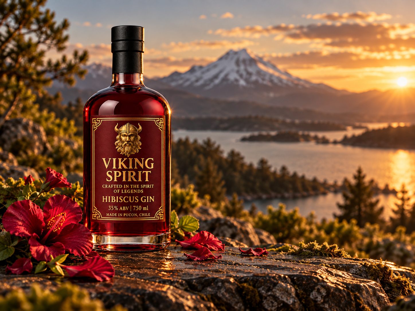 Botella Viking Spirit Hibiscus Gin con flores de hibisco y el Volcán Villarrica al atardecer.